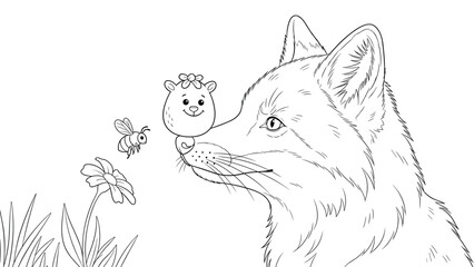 Obraz premium Artistic line drawing of a fox looking curiously at a tiny round creature on its nose with a honeybee and a flower nearby.