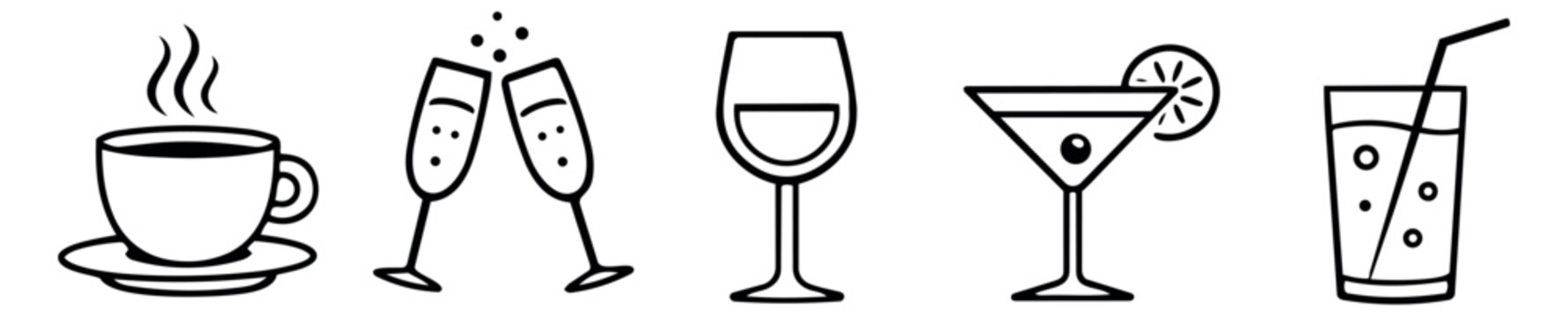 Line art drink glass icons set featuring coffee cup, toasting champagne flutes, wine, martini, and soda for bar and cafe menus