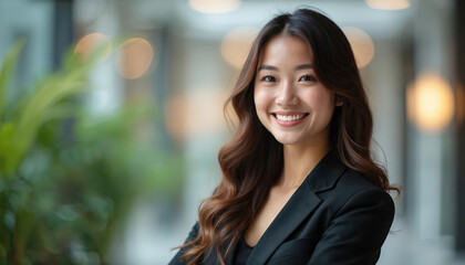 Obraz premium Young smiling asian woman in black business suit indoors. Confident lady with long wavy hair looking at camera. Pleasant face with bright eyes and teeth. Pro portrait.