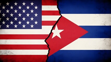 USA and Cuba Flags Split by a Crack Representing Political and Diplomatic Relations.