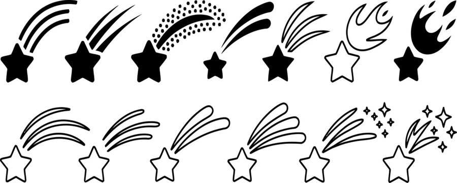 Shooting star icon set illustration featuring comets, falling stars, and celestial streaks in playful outline and solid styles.