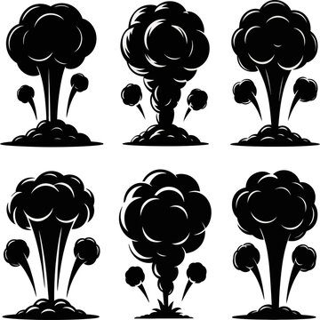 Black silhouette explosion cloud illustration set depicting smoke plumes, blast impacts, and dramatic cartoon-style detonation effects.