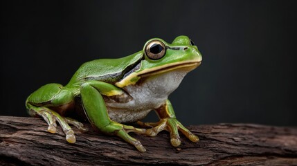 Obraz premium Close-Up of a Green Frog Resting on a Branch in Natural Habitat