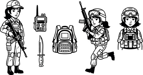 Obraz premium Female soldier vector set with military equipment and combat poses for tactical warfare design
