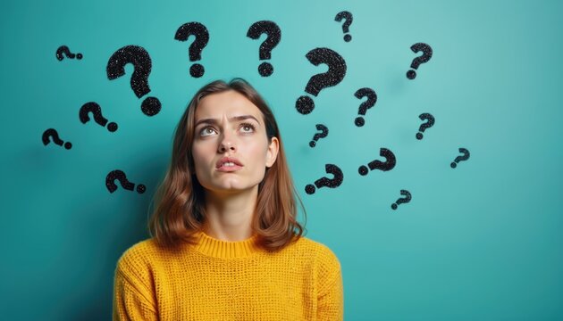 Young woman looks up with confused worried expression surrounded by floating question marks. She feels overwhelmed with many questions and uncertainty.