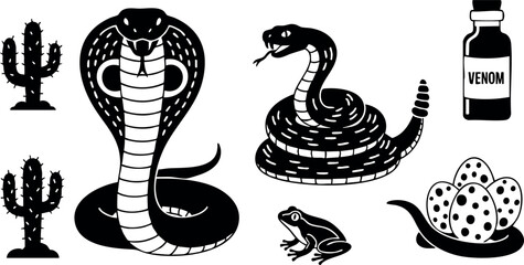 Cobra snake with venom bottle, hatching eggs, frog and cacti vector illustration in black silhouette style