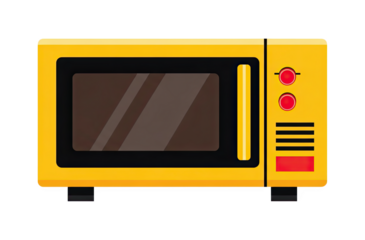 Yellow Microwave Oven With Red Control Knobs On Transparent Background, Modern Kitchen Appliance Design