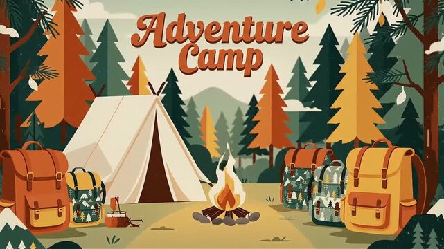 Adventure Camp Illustration with Tent Backpacks and Fire in Forest Landscape