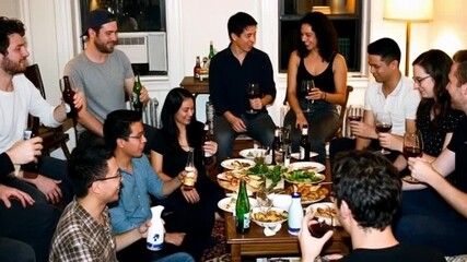 20代の若い男女のカップルの結婚報告とそれを祝う色んな人種の仲間のホームパーティー動画