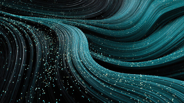 An abstract illustration of flowing teal lines with small particles. It creates a sense of movement and depth against a dark background
