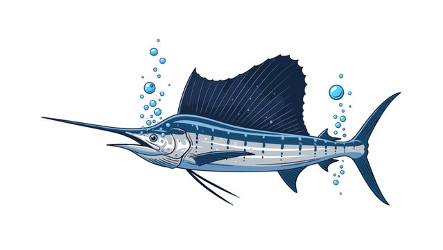 Majestic blue sailfish swims gracefully through the water with its dorsal fin raised while surrounded by tiny air bubbles in the sea.
