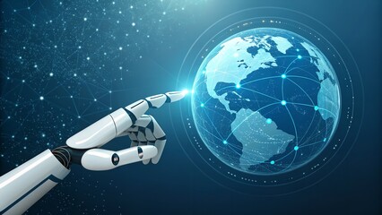 Fototapeta premium Robotic finger touching glowing interconnected digital Earth surface
