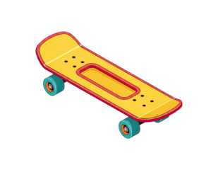 Yellow Skateboard with Red Edges and Teal Wheels on Transparent Background