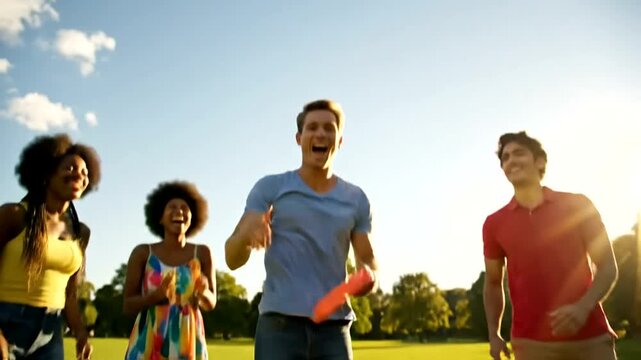 Bright orange frisbee soaring against a clear blue sky with clouds