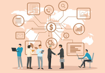 Group of people discussing financial data in busy setting. Some holding laptops while others engaged in conversation and review charts, showing teamwork and collaboration in business
