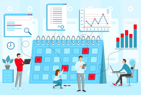 People using devices to collaborate on project planning. They reviewing schedules, data, and charts during working hours
