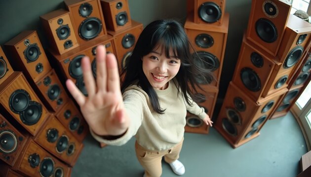 Young Asian woman dances energetically in stacks of vintage wooden speakers, raising her hand towards camera. Her joyful expression, dynamic pose suggest vibrant atmosphere filled with music, fun. - Powered by Adobe