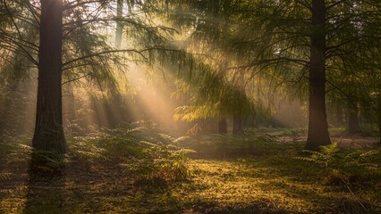 Obraz premium golden sunlight filtering through deep forest trees and ferns, cinematic soft beams, mystical morning atmosphere, warm nature glow