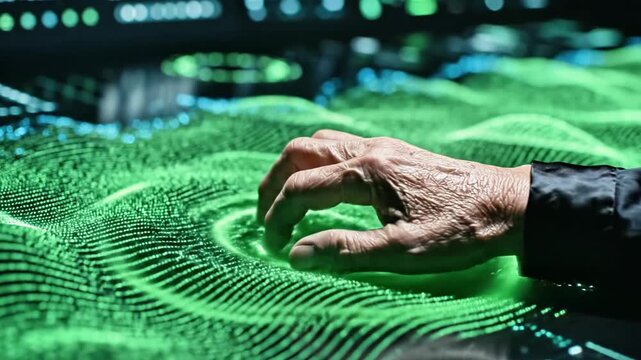 A hand touches a glowing green digital surface with swirling patterns and lines, illuminated with a futuristic ambiance