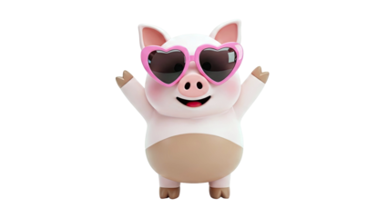 Cute Pig Wearing Heart-Shaped Sunglasses and Waving
