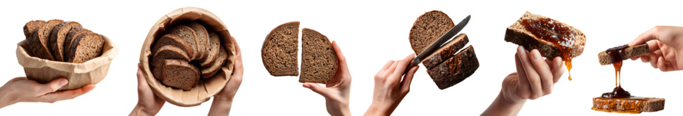 Set of hand holding Pumpernickel bread, brown sourdough bun, slice knife, with jam drip dip spread, takeaway brown bowl, stack pile, transparent cutout PNG. Many different style. Mockup design