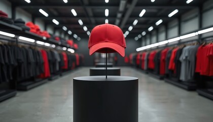 Single red baseball cap prominently displayed on stand in modern retail store. Rows of apparel including shirts hang on racks, illuminated by bright overhead lights. Scene highlights fashion