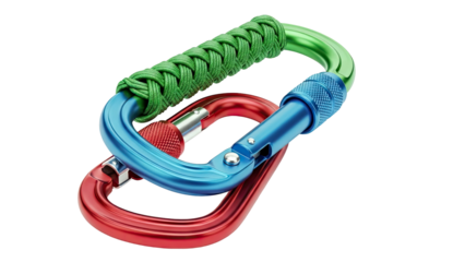 Three Colorful Climbing Carabiners Linked Together