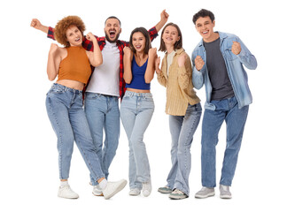 Group of happy young friends on white background