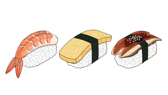 A delightful illustration showcasing various popular nigiri sushi selections including succulent shrimp, delicate omelet, and savory eel, presented