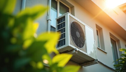 Air conditioner unit attached to exterior wall next to window. Lush green leaves in foreground, bright sunlight beams from upper right. Outdoor HVAC device cools home.