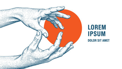 Engraved hands delicately hold an abstract orange sphere against a white background in a symbolic gesture of creation or presentation.