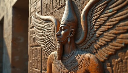 Winged Sumerian figure carved in stone relief. Ancient Mesopotamian deity mythological with conical headdress, ornate details. Textured wall with cuneiform script. Historical art from ancient