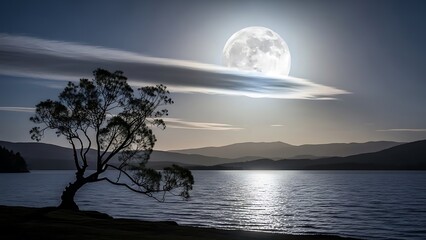 Majestic full moon illuminates a serene lake with a solitary tree silhouetted against the twilight sky.