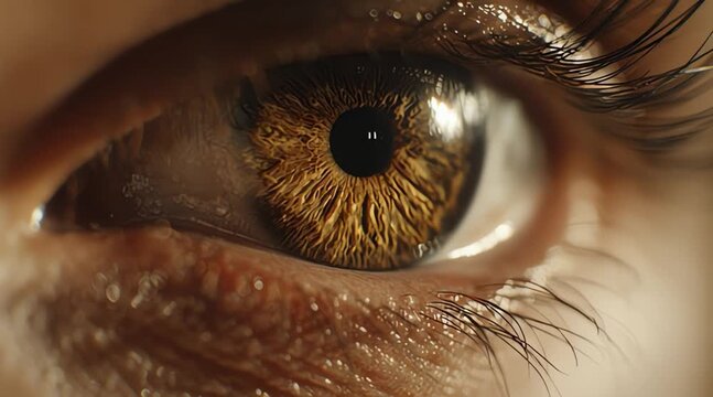 A close-up view of a human eye with detailed iris and eyelashes in a macro photography perspective