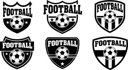Football emblem vector set with six black and white soccer badge designs for sports team branding and athletic logos