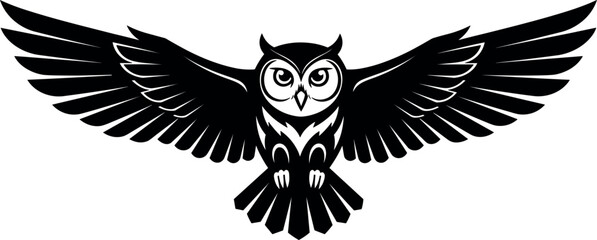 Obraz premium Majestic black owl silhouette with wide outstretched wings flying for wisdom knowledge education mystery nocturnal bird of prey and nature conservation vector.