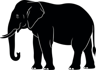 Obraz premium Black elephant silhouette with tusks and trunk standing isolated on white background for wildlife conservation nature safari zoo and African animal designs.