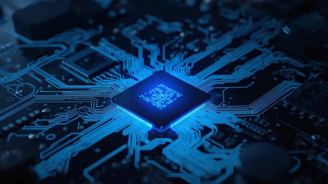 Glowing blue microchip circuit board with illuminated traces and futuristic tech ambiance conveying
