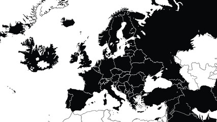 A stark black and white map highlights specific European countries in solid black while leaving others as white outlines for contrast and geographical representation.