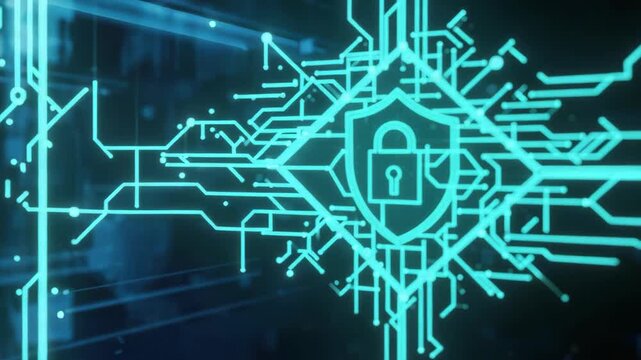 Cybersecurity network shield lock glowing with circuitry digital padlock protecting data integrity