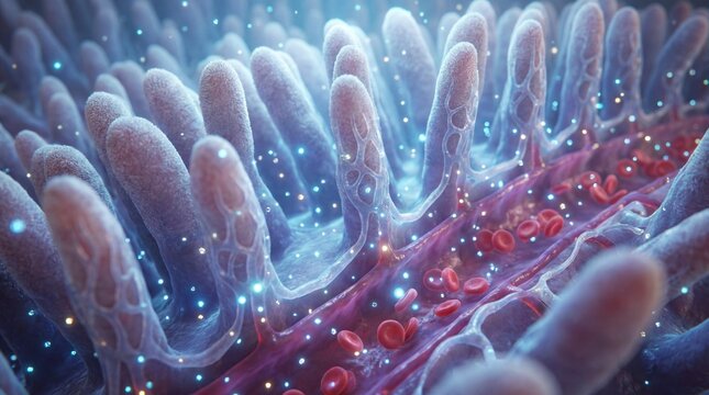 Close-up of villi in small intestine showing blood capillaries absorption of nutrients medical visualization