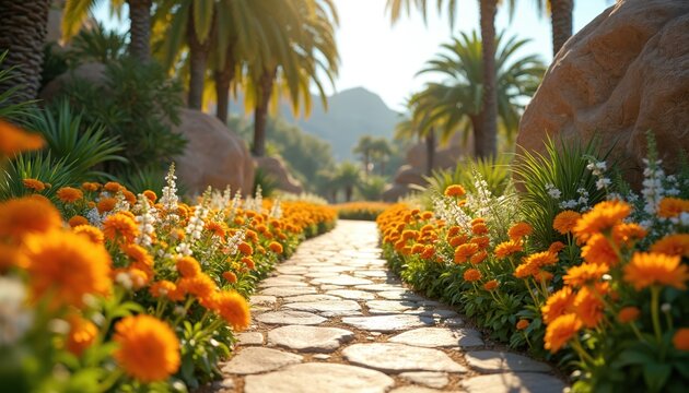 Stone pathway curves through garden beds of bright orange and white flowers. Tall palm trees line path with large rocks. Sunny day creates peaceful outdoor oasis.