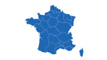 Fototapeta premium Solid blue silhouette map highlights the internal administrative regions of Metropolitan France against a white background for political representation.