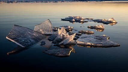 Iceberg fragments floating in calm icy waters during a serene arctic landscape scene at dusk from an aerial viewpoint