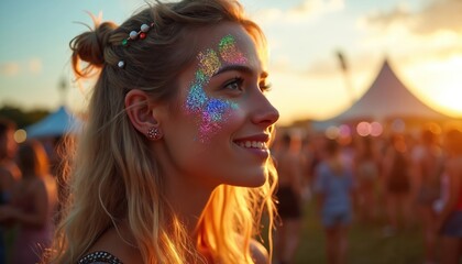 Young woman with glitter face paint smiles at music festival. Crowd, tents and stage in background during sunset. Enjoying summer outdoor concert.
