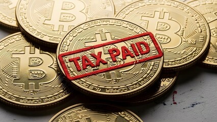Tax paid stamp on cryptocurrency coins with Bitcoin logo on a table