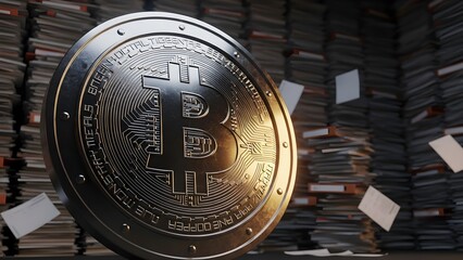 Cryptocurrency coin floating amidst stacks of files and documents in a dimly lit archive room