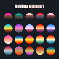 Fototapeta premium Vintage colorful sunset. Striped gradient sunrise badges in 80s and 90s style. Sun and ocean view, summer vibes, surfing. Design element for print, logo or t-shirt. Vector illustration