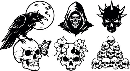 Gothic skull designs with raven butterfly flowers grim reaper and horned demon vector art collection