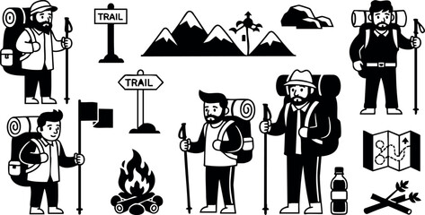 Hiking backpacker silhouettes with mountain trail signs campfire map and gear vector icons pack